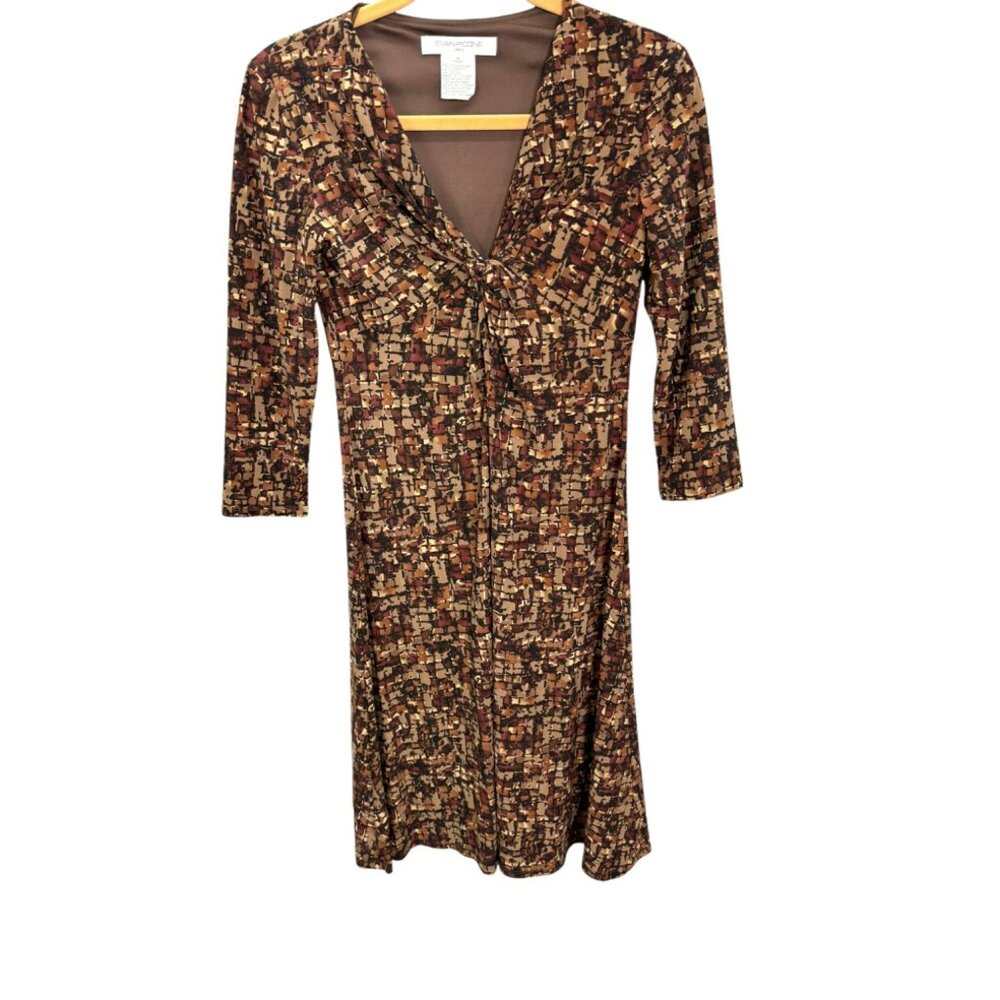Evan-Picone Women's Sz 4 Brown Geometric Print V-Neck  Dress Twisted Bust Detail